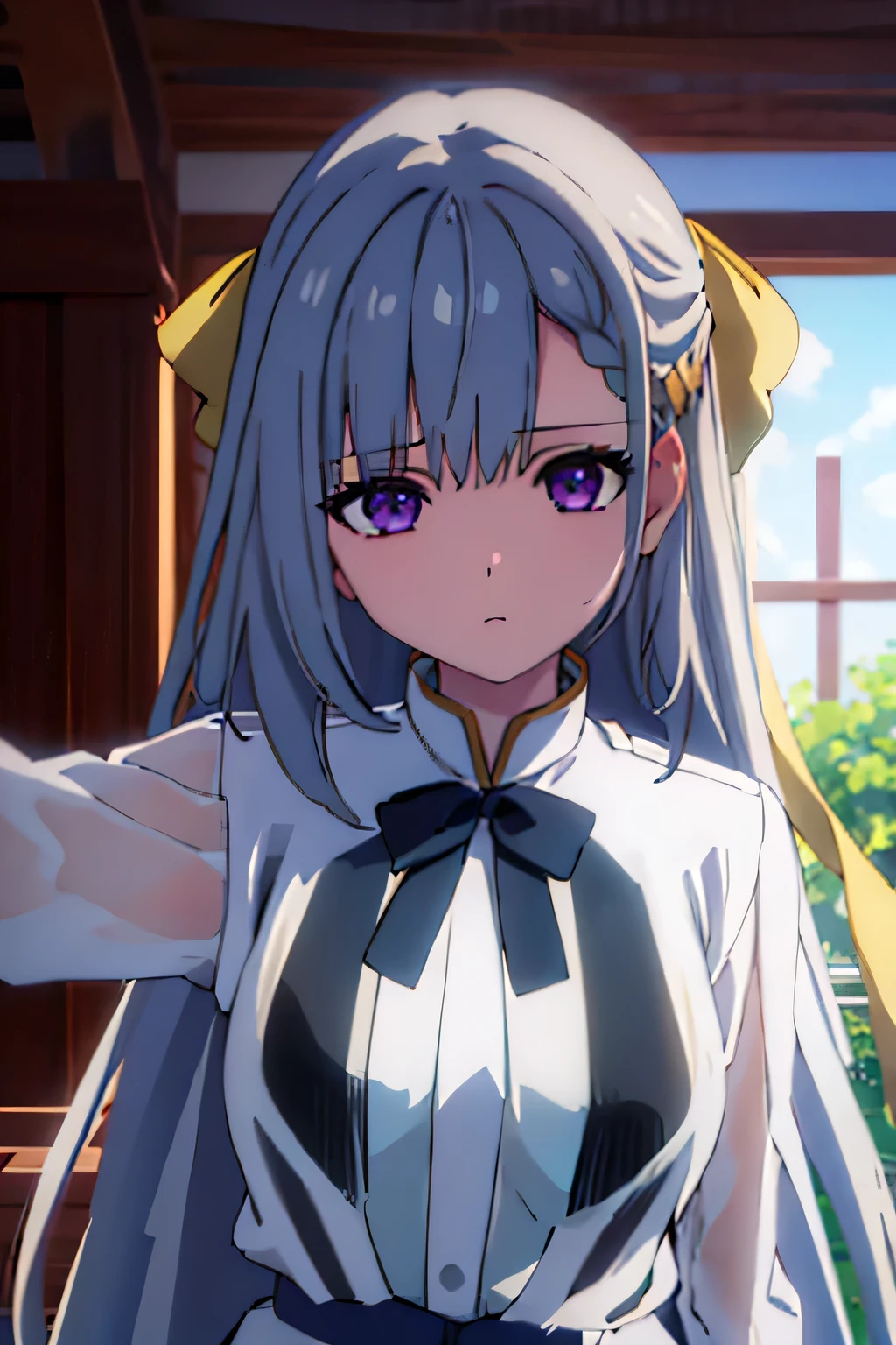 1girl solo, kabedon pov, expressionless, looking at viewer, masterpiece, best quality, highres,ultra-detailed, ultra-detailed, 1 girl, see-through, shirt, white shirt, black ribbon, eyelashes, hair ribbon, whole body, Black bra, best quality, masterpiece