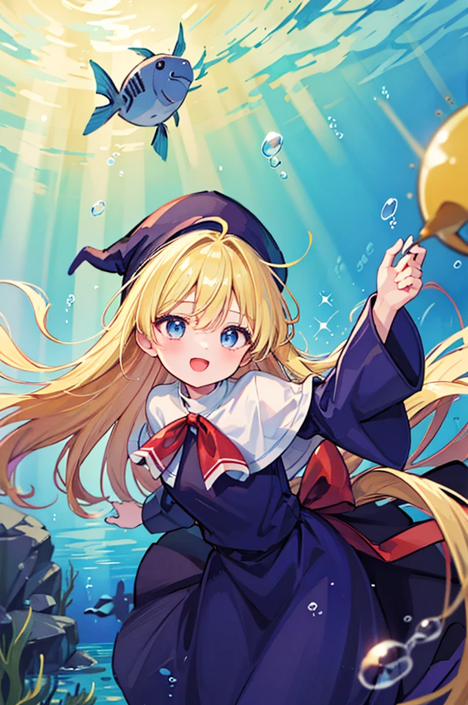 (8k,  super quality, masterpiece:1.2),  ultra high resolution,  imaginary, cute,  girl, solo, whole body, Puyo Puyo's witch, Blonde, Blue Eyes , blue headwear ,  blue based robe,  red ribbon,  White Capelet , Ahoge,  long skirt , In the sea, Underwater theme , Undersea exploration, fish, star, Floating,  like a , Bright smile,  innocent face ,  open your mouth, bubble,  full light, Looks fun, float, 