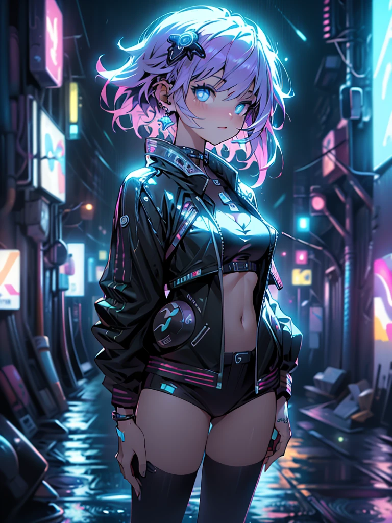 Cyberpunk Concept, rain, Neon lights,  High resolution ,  masterpiece , necessary,  Anatomically Correct, Premiado muchas veces,  The best quality, Detail, HD model, Details altos,  lyrics, quality,  improvement,  Textured leather, UHD, from above, posing from a tall building where you have a very detailed wide view of the city, plano general 