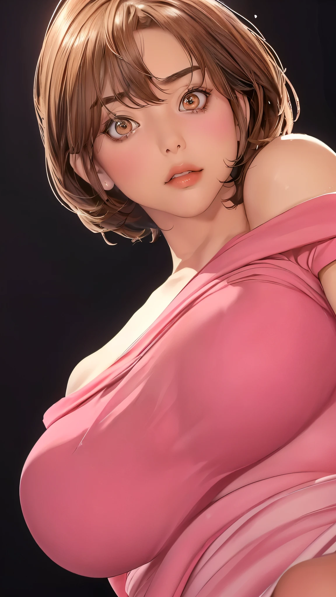 (（（figure，御姐figure,White and tender skin,（（（red hip wrap dress，Short sleeve，Off Shoulder，）））,(（（Soridef，brown eyes，brown hair，short hair,））),，((masterpiece)), highres icon,((Best quality at best)),masterpiece,quality,Best quality,(（（  to the audience,Light in the eyes）））,Huge breasts,苗条figure, Black background，Sitting astride， spread legs ，From below）））