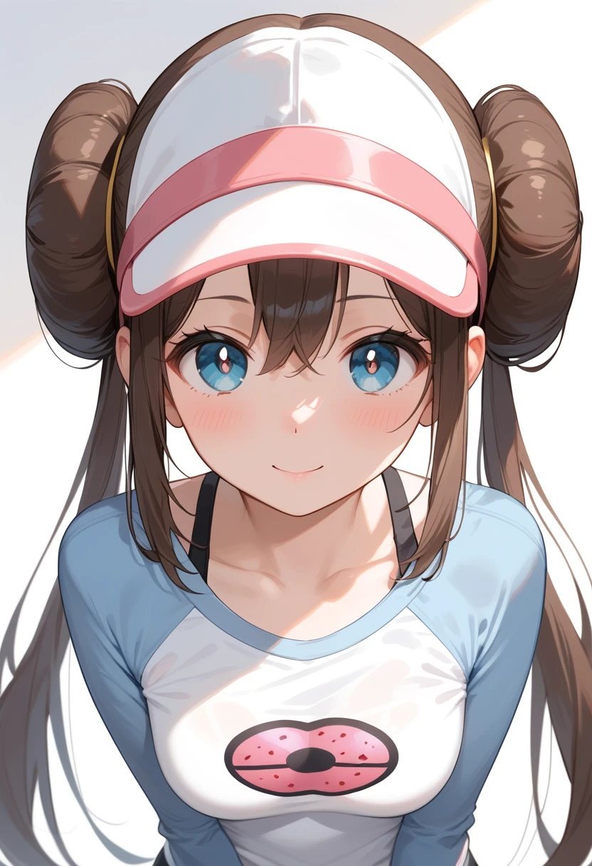 Rosa, Brown Hair,  Double Bang, doughnut Hair Bun, Hair Bun,  blue eyes,  hair between eyes ,  Twin Tails, pantyhose, ,  Raglan Sleeves , [ miniskirt,  white shirt , Blue Sleeves,  long sleeve,  visor cap, medium chest, Evil Smiles 