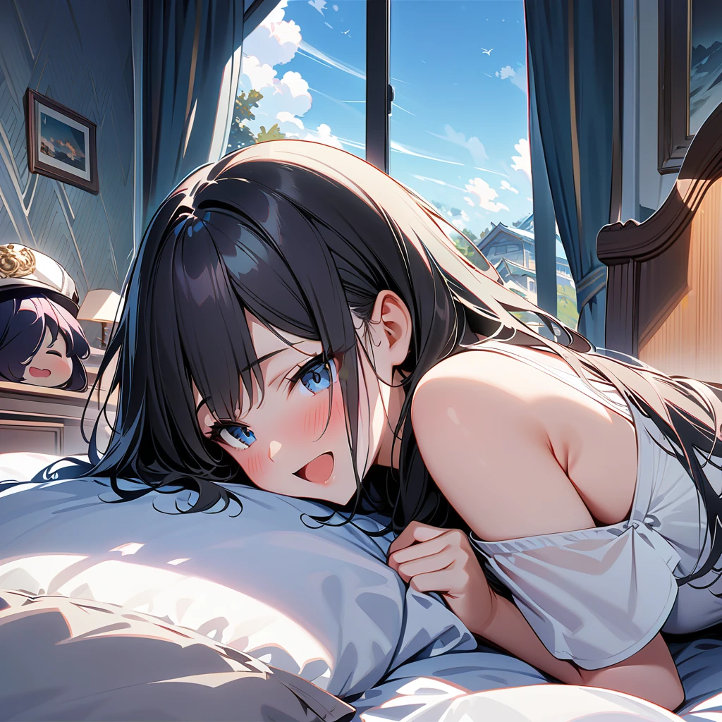 ((Biologically correct limb count))、(( Full-body photo including face))、4K、((Standing position))、masterpiece、((Focus on the face))、((Symmetrical facial features))、Eye for detailed depiction、Beautiful blue-haired woman、Excellent style、Beautiful clavicle、Beautiful feet、Beautiful Hands、Slender body、(Black Stockings、garter belt、High heels）、Facial detailing、Small earrings、necklace、(No sleeve、red gothic dress)、tie、sunny、(((Photo frame with white border)))、Seductive posture、((She is sitting with her buttocks thrust back and her upper body arched, looking up.))、Looking at the night view、(Low - Angle、A camera angle that captures the inside of a skirt from below)、(((Black Hair、Silver Hair)))、(((Moments of ecstasy)))、((Face forward and stick your chin out))、Close-up photo of the upper body、(Rest your chin on your hands:2)