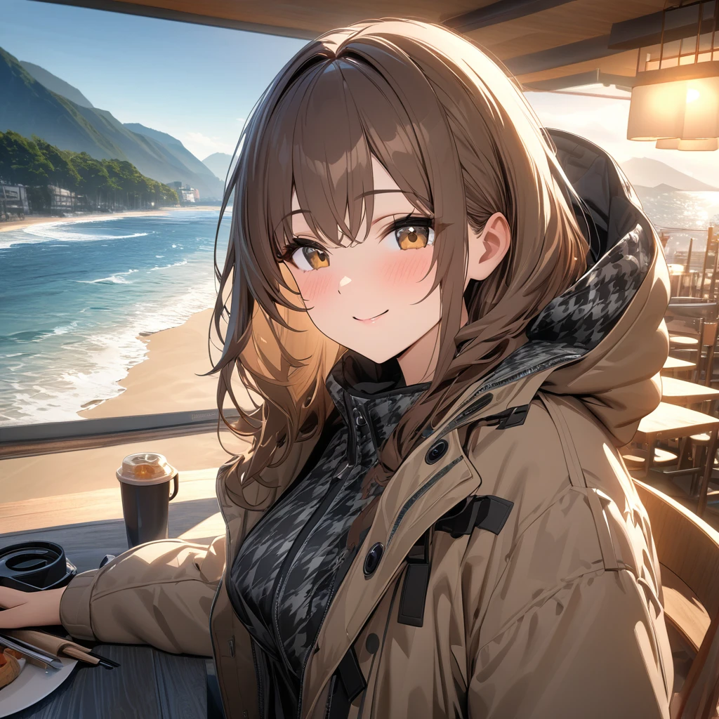 masterpiece, best quality, 8k, highres, ultra-detailed,HDR, UHD, studio lighting, ultra-fine painting, 1girl,solo,   long brown hair,   kind smile,  Mountain parka,very detailed Houndstooth pattern, black bikini, beach cafe Background,soft ocean waves spreading in the distance , Relaxed and cheerful atmosphere  ,  Warm Soft Lights 