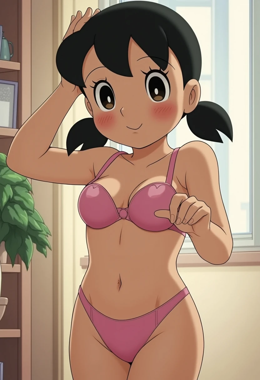 1girl, solo, slim, bent over, seiza, black hair, twintails, large breasts, short twintails, cleavage, red micro bikini, hands on bathtub, (perfect detailed anatomy, beautiful face&eyes, perfect body)