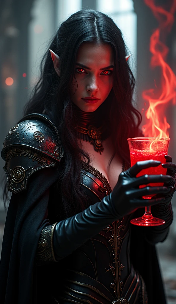 A very beautiful female vampire holding a glass goblet filled with blood. The vampire has pale, wrinkled skin, exaggerated features like a large, crooked nose, pointed ears, and sharp fangs. His eyes are sunken with dark circles, and his expression is menacing. He wears tattered, old-fashioned clothing, possibly a dark cloak with a high collar. The background is dark and eerie, maybe in an old, decrepit castle with stone walls and dim lighting. The glass goblet is ornate, reflecting a little bit of light, and filled with thick, red blood.