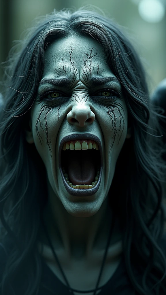 A nightmare mindscape, madness revealed in her grin, piercing eyes, coalescing mists swirl with phantom spirits, her sexual mouth is open up wide.