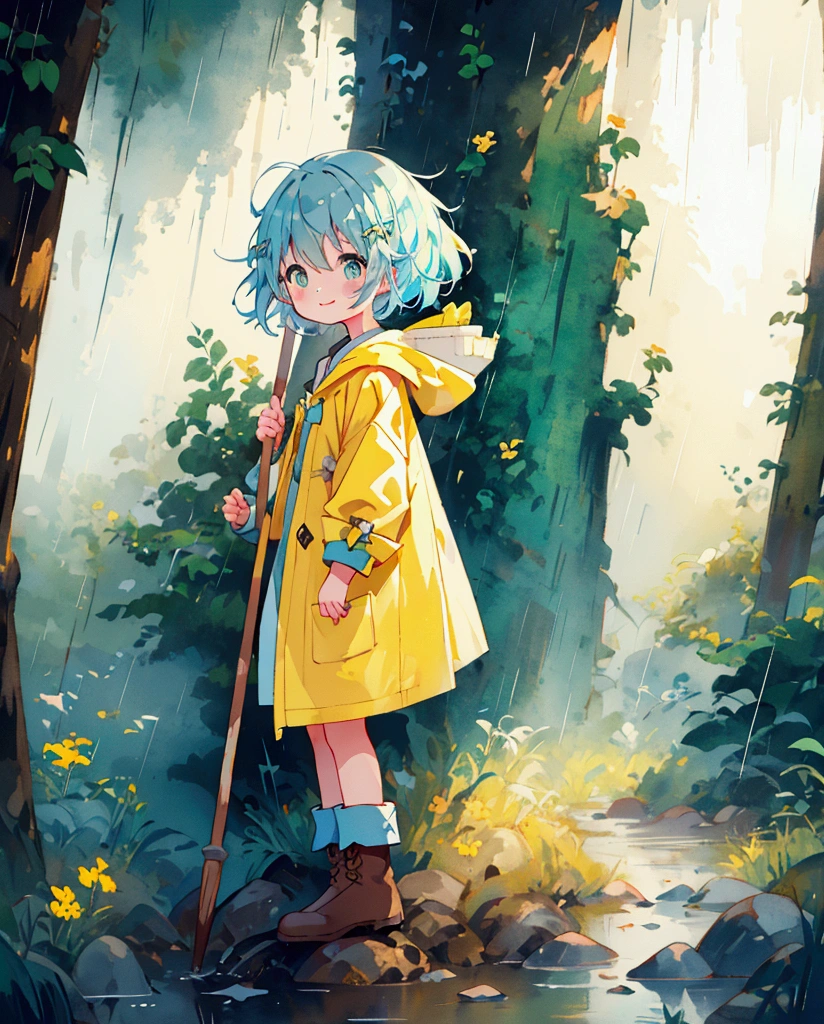 Best Quality、 1 girl、 wears a yellow raincoat with a hood、Light blue hair、 short hair、Shining Eyes、A radiant smile、Young、 little character、 a soft, soft body 、He has a large cross hanging from his neck 、 wearing bright green boots、There is mud on the boots 、 holding a wooden cane with a two-pronged tip、 standing pose、The background is a prairie after the rain 