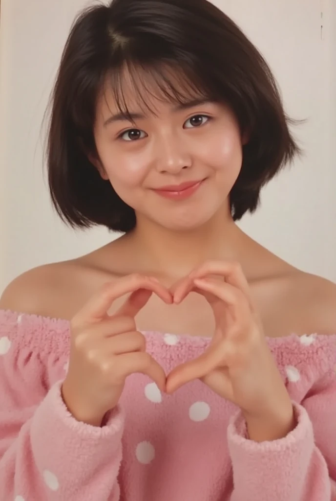 Only one woman with a cute smile wears cute, fluffy off-shoulder pajamas, makes a big heart shape with both hands, and poses them in front of her chest, View above collarbone、The background is a monotone 

