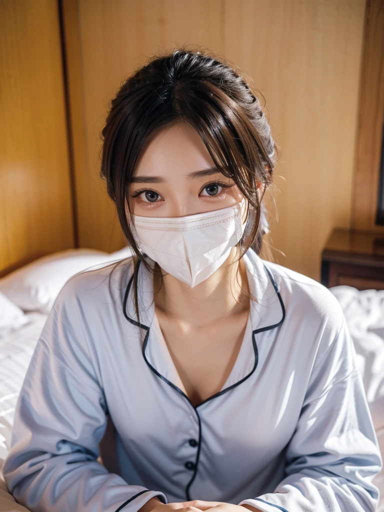 Girl with a vibrator, junior high school student with too big, , sleeping on bed, plump, closing eyes, falling down, yawning, excitement, mask,