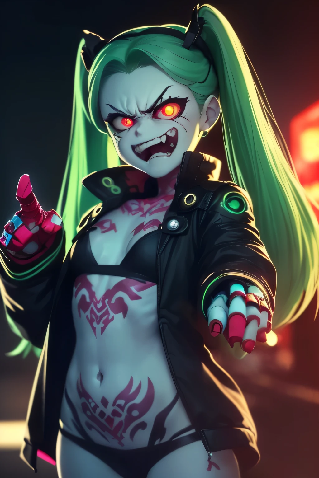 Rebecca a robotic Young Girl , (( cinematic lighting )). futuristic cyberpunk, lewd grin, (twin tail, hairband, colored sclera, red sclera, green hair, green pupils, fang, red eyes, wearing a little sexy clothes, black croped jacket ), ((skinny body)) , ((Showing hand:1.4)), ((psycho face, creppy, belly tattoo smiling. Angry face )).