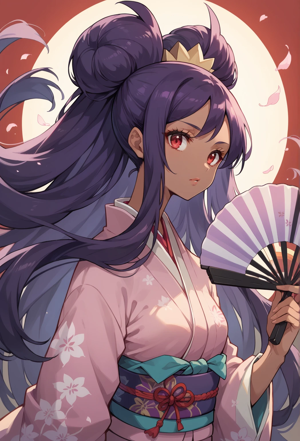 Best Quality, Masterpiece, ultra high resolution, iris \(pokemon\), purple hair, long hair, red eyes, dark skin, big hair,small breasts,  BREAK  upper body, japanese clothes, kimono, hair bun, lips, sash, obi, floral print, hand fan, backlighting, holding fan