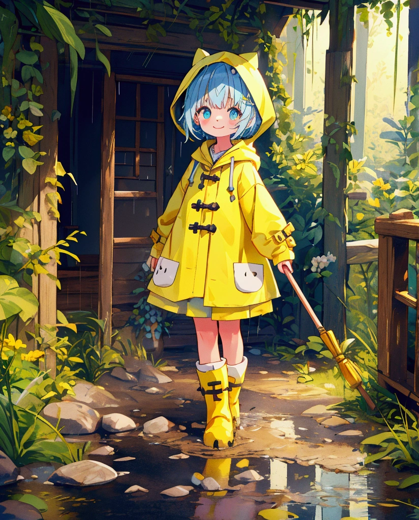 Best Quality、 1 girl、 wears a yellow raincoat with a hood、Light blue hair、 short hair、Shining Eyes、A radiant smile、Young、 little character、 a soft, soft body 、He has a large cross hanging from his neck 、 wearing bright green boots、There is mud on the boots 、 holding a wooden cane with a two-pronged tip、 Standing Pose 、The background is a prairie after the rain 