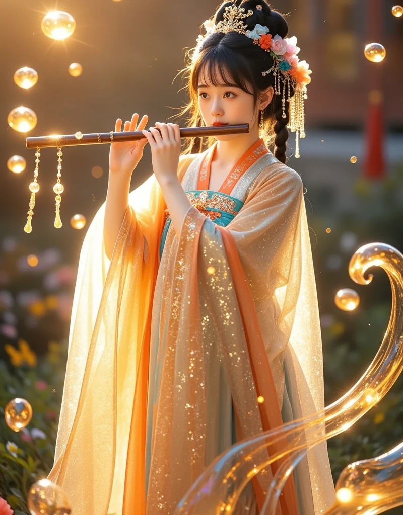 (Extra LongShot), (Full body), 1girl, solo, playing a flute, shimmering hanfu girl, enveloped in liquid light elements, embodying kawaii aesthetics, reflecting a deep connection to the essence of Chinese culture and fairy tales. Intricate details weave together traditional Chinese themes with a whimsical, modern twist. A warm and vibrant sun-kissed color palette reveals a wondrous and dreamlike atmosphere, with a strong film grain texture, and an intensely rendered emotional ambiance. Rich in depth and layers, with enduring content power, in the style of erkindemir, 8k, ultra high definition, breathtaking details