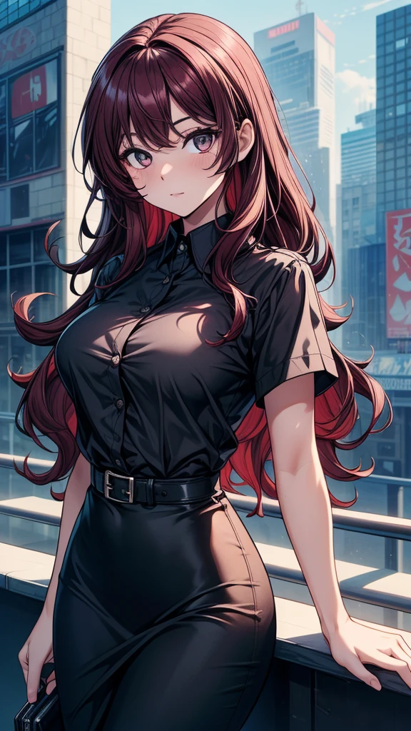 ((masterpiece, best quality:1.8, high detail)), beautiful business woman, bright eyes, looking at viewer, solo focus, long ((wavy hair)), ((dark burgundy hair)), ((white collar shirt short sleeves)), (black midi pencil skirt), (long black skirt), slim body, wide hips, (lower body), city backdrop, 