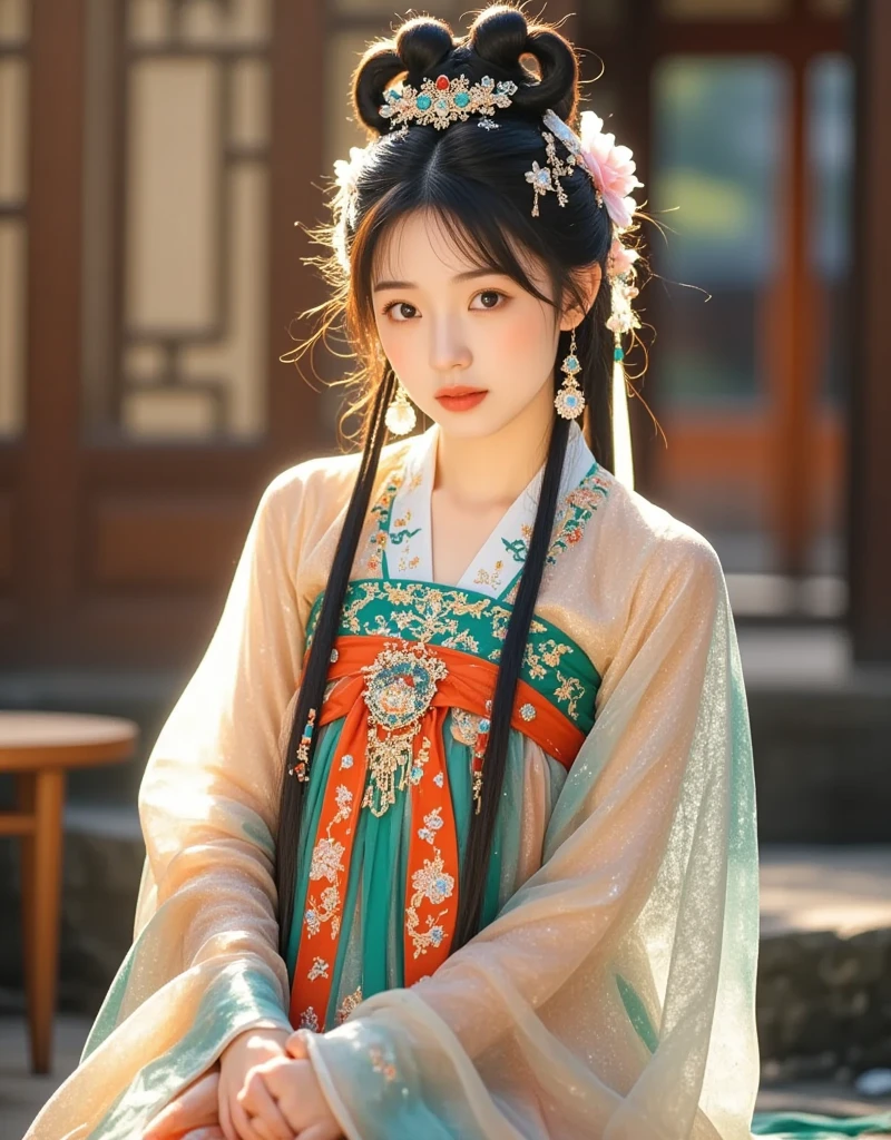  A charming portrait ， depicts a 25-year-old woman ，Delicate facial features， depicts classical Chinese beauty ， dressed in gorgeous Hanfu ， with exquisite embroidery 。 Her delicate hair is adorned with jade and jade silver hairpin。 The scene suggests fantastic elements and colors ，Dark Red、Emerald Green、Pearl white and gold ， Reminiscent of a traditional Chinese ink painting 。 The background evokes ethereal mountains and mist 。 captures the dreamy atmosphere of reality and intertwining fantasy ， showing the magic and richness of Chinese aesthetics 。hdr photos