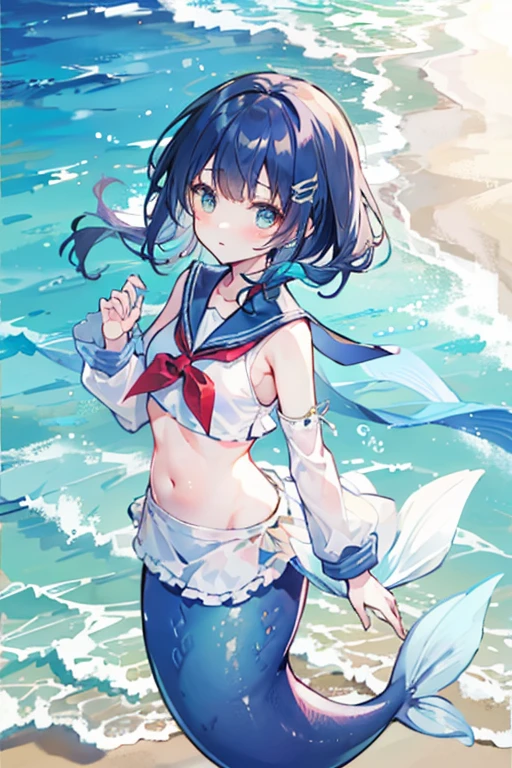 I have a swim ring。Swimwear。girl。smile。Twin tails。Blue Hair。front。Seaside。
