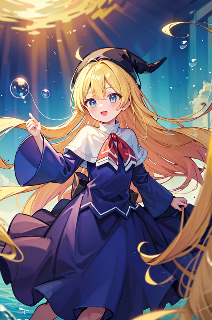 (8k,  super quality, masterpiece:1.2),  ultra high resolution,  imaginary, cute,  girl, solo, whole body, Puyo Puyo's witch, Blonde, Blue Eyes , blue headwear ,  blue based robe,  red ribbon,  White Capelet , Ahoge,  long skirt , In the sea, Underwater theme , Undersea exploration, fish, star, Floating,  like a , Bright smile,  innocent face ,  open your mouth, bubble,  full light, Looks fun, float, 