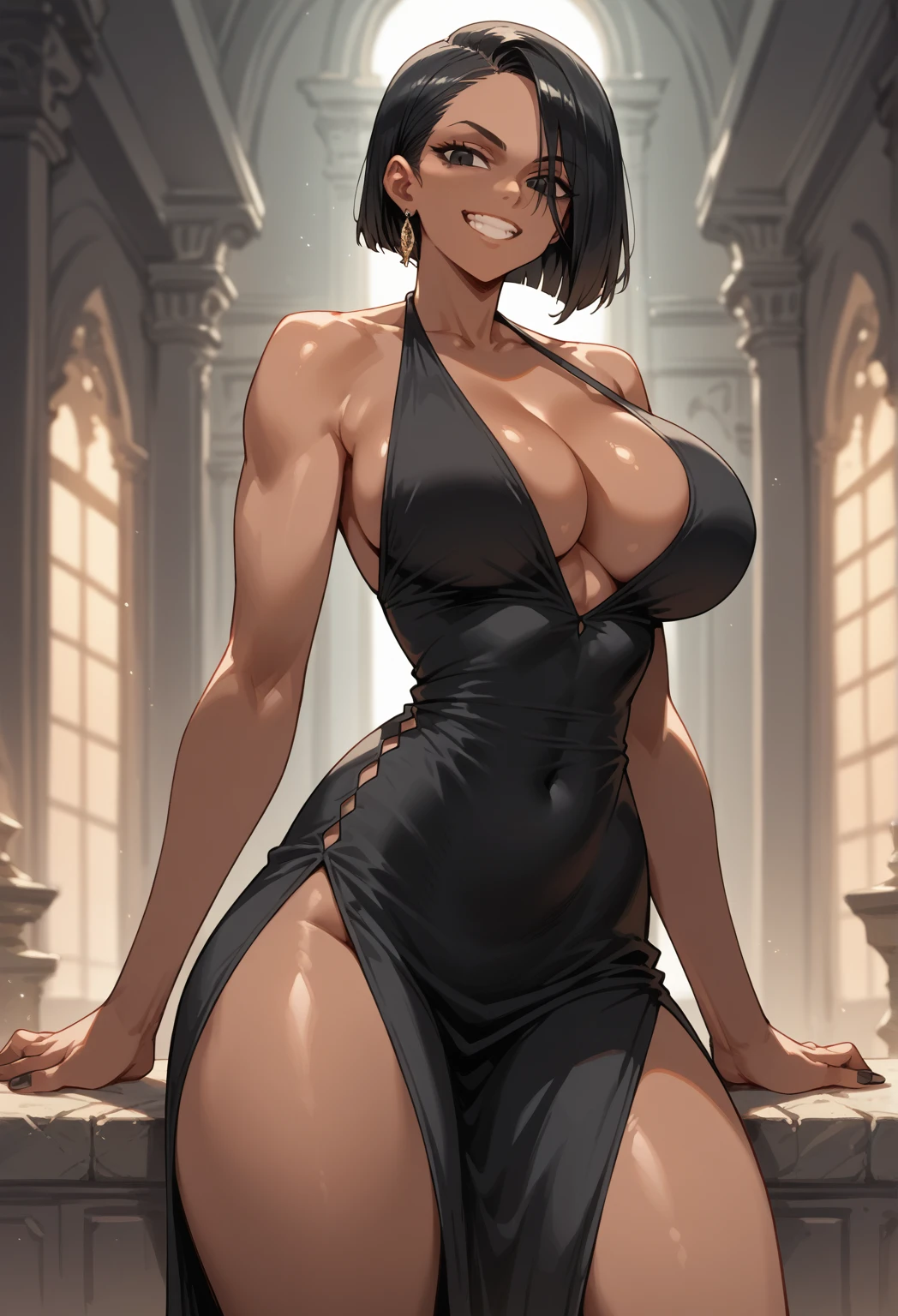 1 hot girl, dark skin, black eyes, high-slit dress, low-cut cleavage, halter, thigh cleavage, grin, slutty, gorgeous, huge breasts, hourglass figure, short bob, black hair, subsaharan african