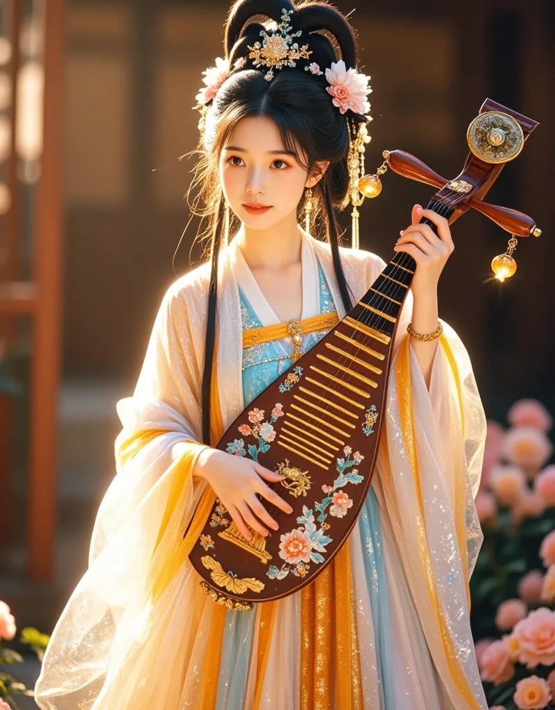 Dunhuang art style, Extremely long-distance lens, A beautiful girl, Perfect face, Pretty Face, Wearing traditional silk dress, Standing oncient soft scroll with golden ancient texts, Zen style, Bright Star, Light and Shadow, Ancient White, epic, Extremely delicate brushstrokes, Reality, Photographed by DJI, illustration, UHD, masterpiece, accurate, anatomically correct, textured skin, super detail, 8k