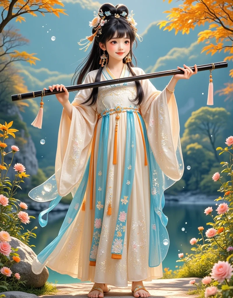 Chinese cartoon girl&#39;s detailed painting，Lively expression，Black Hair，Ming dynasty style，Tangled Jewelry， cute faces，Cartoon lithograph style，Minimalist full body portrait，Animated gif，Rich details， clear lines ，Fairy lineage，Light Blue，Matte white background，Wide-angle lens，Vision，Symmetrical composition，outdoor，Starry Sky，Mountain，river，lake，autumn，Retro tone，Complementary colors，Vivid colors，Hanfu，Tulle fabric，Glowing particles，Shiny，crystal，veil，(((barefoot)))， White hair ，Look at the camera，Smile，Game texture，Masterpieces，masterpiece，High image quality， Extreme Details ， Ultra HD，