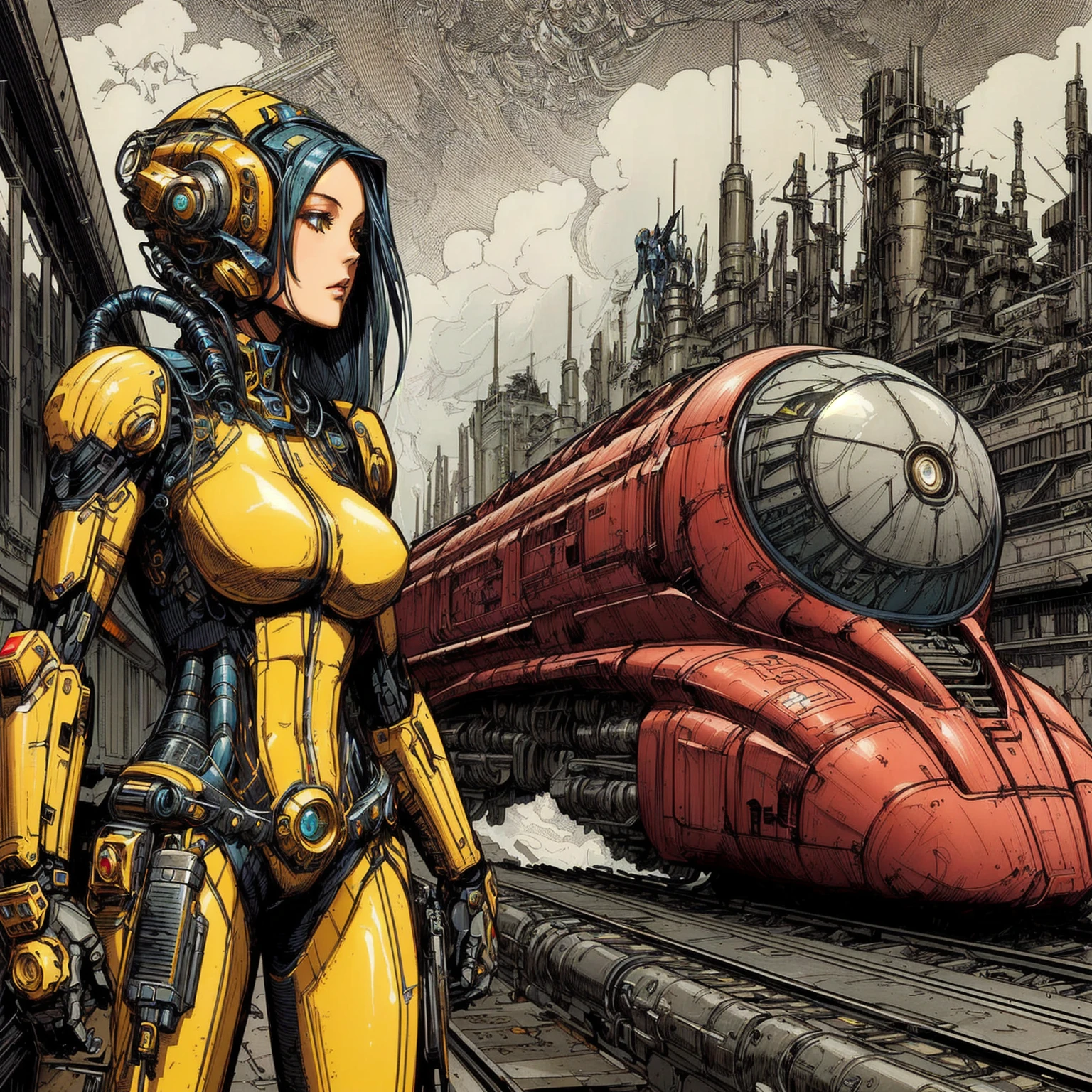 a close up of a woman in a yellow suit standing next to a train, mechanized valkyrie girl, as a retrofuturistic heroine, style of Moebius, Métal Hurlant, style of Philippe Druillet, colorful sci-fi steampunk, dieselpunk art style, scifi woman, sci-fi steampunk, inspired by Masamune Shirow, female mecha, like lady mechanika, girl in mecha cyber armor, futuristic dieselpunk street