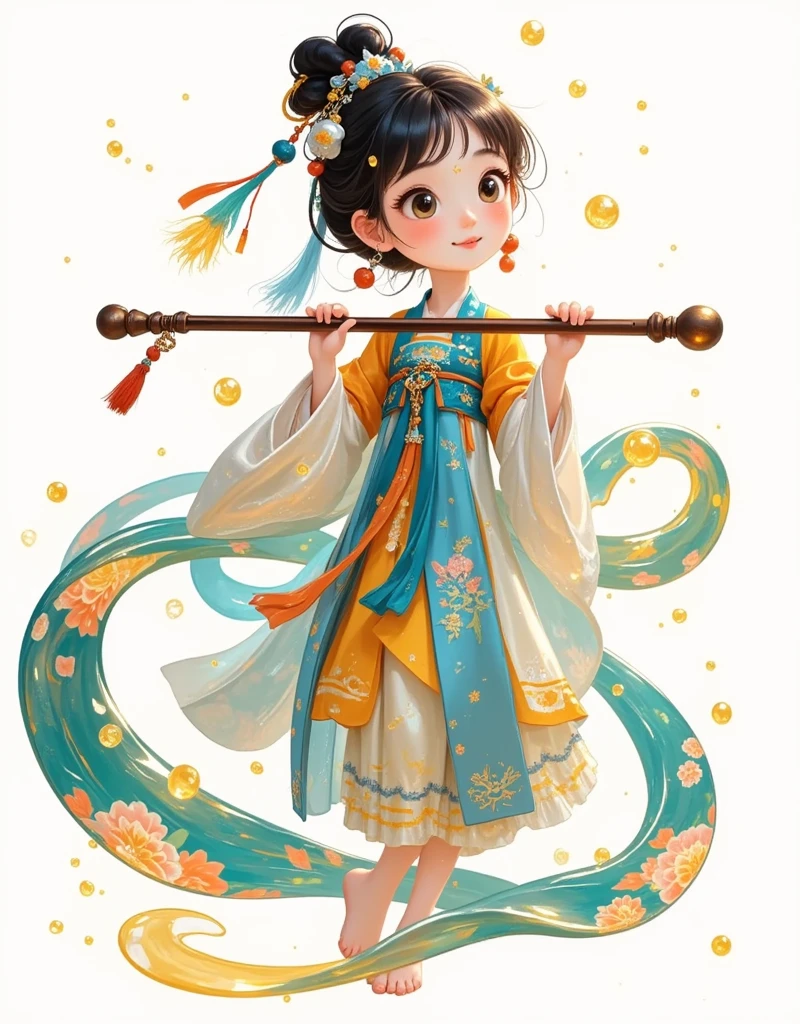 Chinese cartoon girl&#39;s detailed painting，Lively expression，Black Hair，Ming dynasty style，Tangled Jewelry， cute faces，Cartoon lithograph style，Minimalist full body portrait，Animated gif，Rich details， clear lines ，Fairy lineage，Light Blue，Matte white background，Wide-angle lens，Vision，Symmetrical composition，outdoor，Starry Sky，Mountain，river，lake，autumn，Retro tone，Complementary colors，Vivid colors，Hanfu，Tulle fabric，Glowing particles，Shiny，crystal，veil，(((barefoot)))， White hair ，Look at the camera，Smile，Game texture，Masterpieces，masterpiece，High image quality， Extreme Details ， Ultra HD，