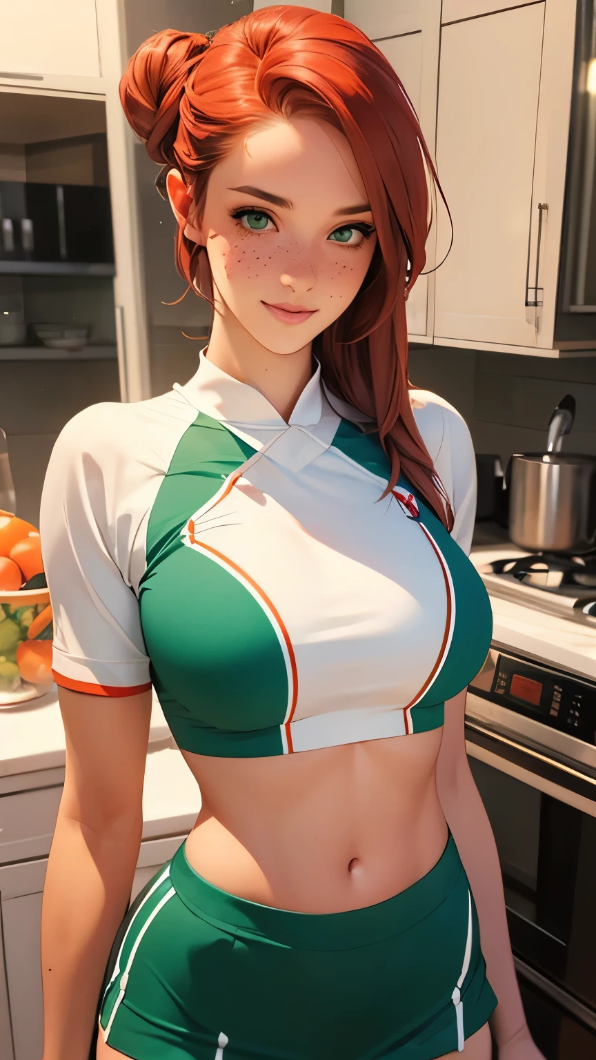 Woman, americana, Age 25, nsfw, pale skin and freckles, green eyes, delicate nose, soft and delicate lips, far away, red orange hair in a double bun, large smile, face with delicate feminine facial features, highly rendered face, red and white cheerleader uniform, midriff, in a modern kitchen. whole body shot.