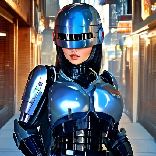 
( Best Quality ), (Overall view), Female Robocop,  Hua Gai with a cool and charming face ,RoboCop Armor   , Robocop helmet ,   beautiful and sexy young woman , 18 years old,   toned and muscular   , With a cool and handsome face   , SharpEye, Big Breasts