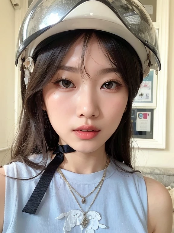 araafed asian wearing a helmet and a blue shirt, Ulzzang, young lovely korean face, adorable and pale korean face, Jinyoung Shin, Jaeyeon Nam, garota cara fofa, korean symmetrical face, linda mulher sul-coreana, Linda jovem coreana, young pale and beautiful asian face, coreana, pale round face, Linda jovem coreana
