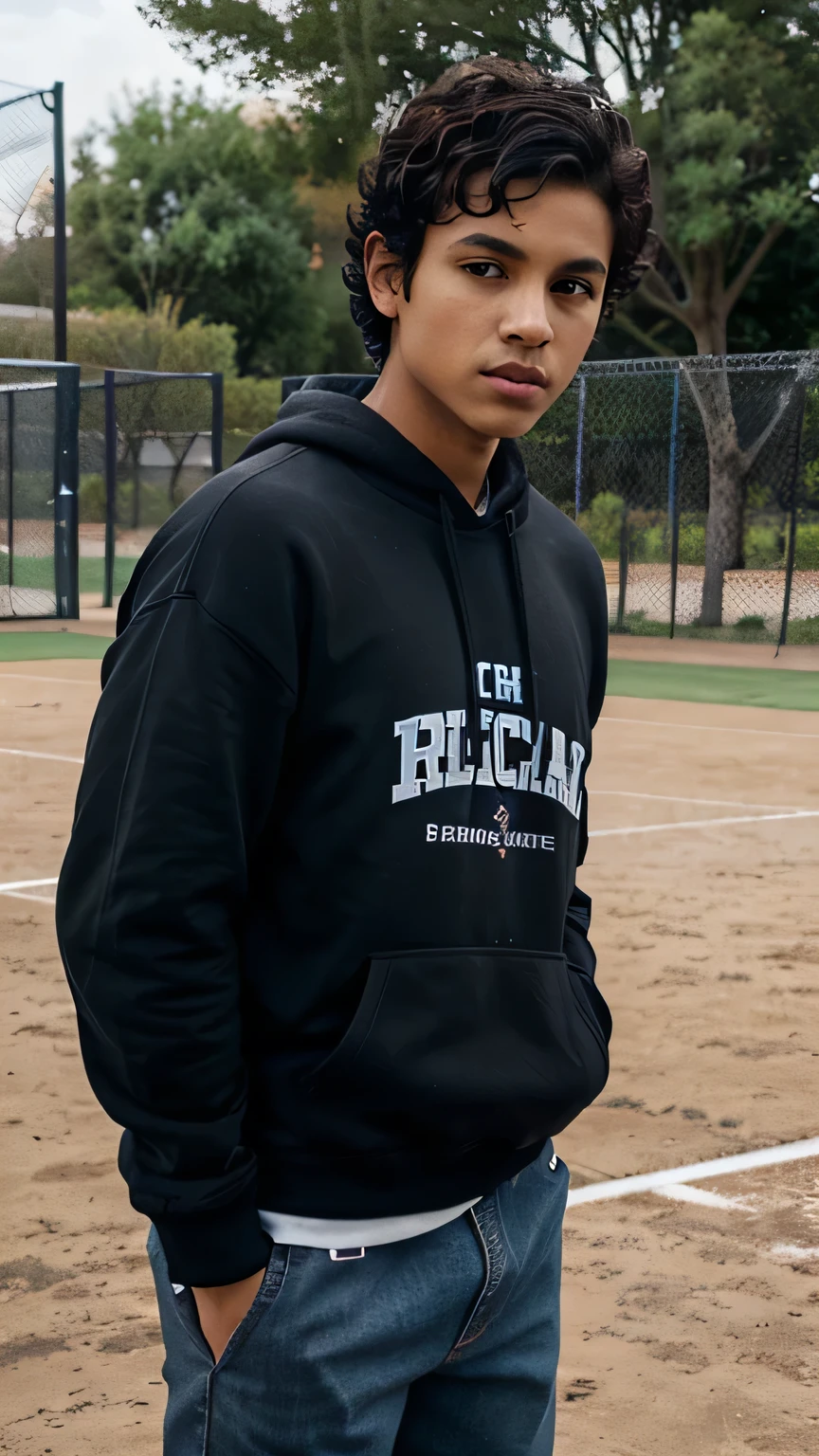 A 25-year-old handsome male high university student,Wear a sweatshirt made of bright PVC, ((casual pants)), warning suits, pants,cap