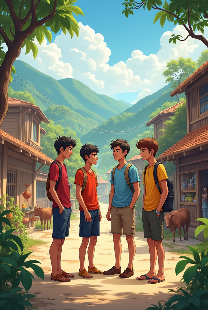 "A small, ancient village in India called Teerthpuri, surrounded by lush green fields, with three young boys – Sumit (smart and brave), Banti (playful and mischievous), and aftab (timid and fearful) standing together in the village square."