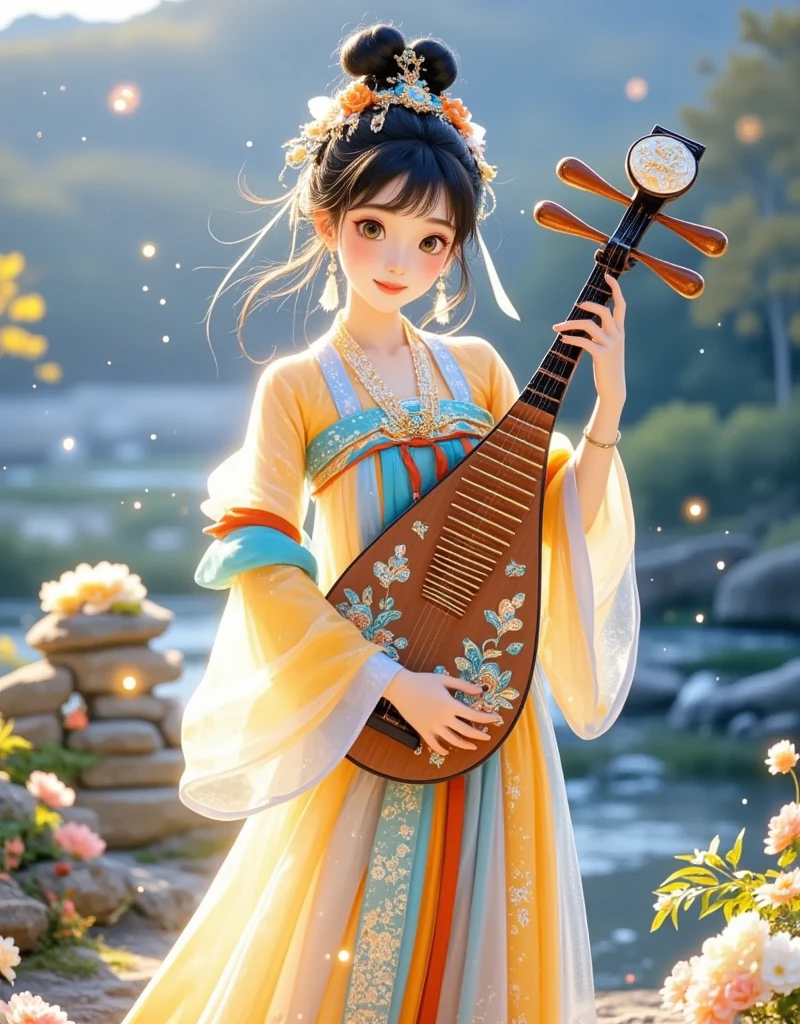 Chinese cartoon girl&#39;s detailed painting，Lively expression，Black Hair，Ming dynasty style，Tangled Jewelry， cute faces，Cartoon lithograph style，Minimalist full body portrait，Animated gif，Rich details， clear lines ，Fairy lineage，Light Blue，Matte white background，Wide-angle lens，Vision，Symmetrical composition，outdoor，Starry Sky，Mountain，river，lake，autumn，Retro tone，Complementary colors，Vivid colors，Hanfu，Tulle fabric，Glowing particles，Shiny，crystal，veil，(((barefoot)))， White hair ，Look at the camera，Smile，Game texture，Masterpieces，masterpiece，High image quality， Extreme Details ， Ultra HD，