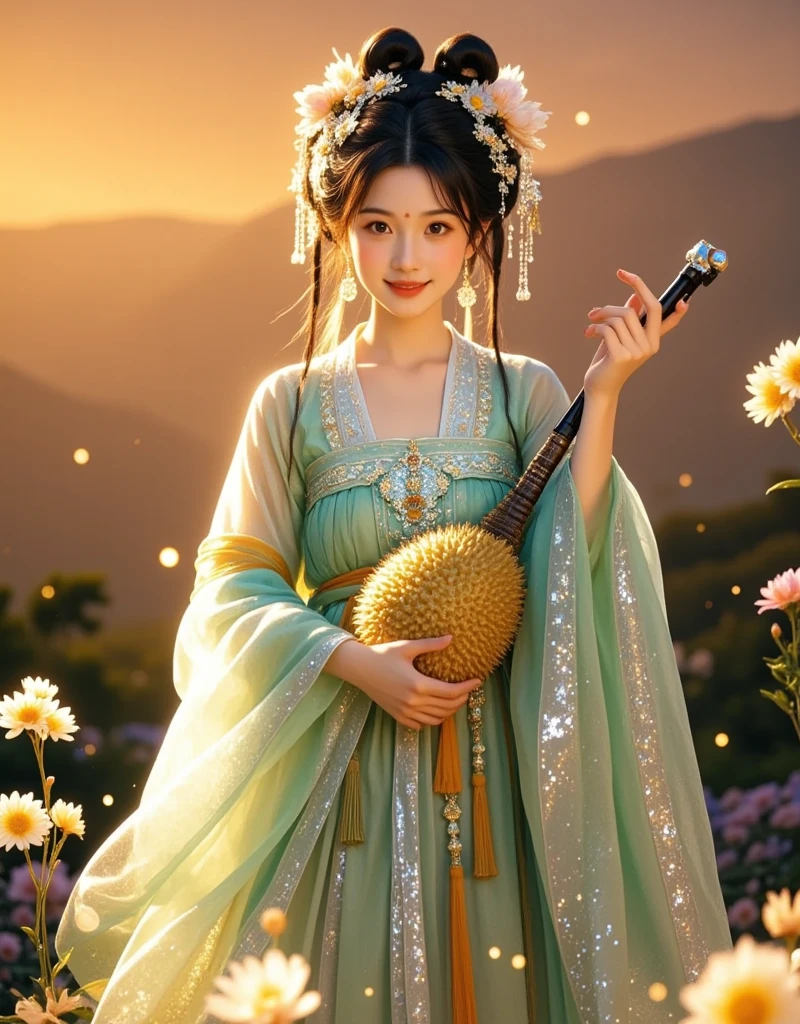 [Vision:1.0]，[Wide Angle:1.0]， A 16-year-old ancient young woman ，Wearing green clothes，Holding a durian flower， smiling at the camera ，Traditional Chinese ink painting style，Long flowing hair，Soft light， Long Exposure ，Warm atmosphere，Hanfu Details ，Classical beauty，Delicate expression，Peaceful environment， The background is an orange sky and golden mountains，3d, C4D rendering, 8k, super high detail, Bright colors，Bright，RGB, Colorful)，(High contrast:1.5)，(whole body:1.8), Magazine Photography， is popular on social platforms，((Dopamineism))，((( dopamine color scheme )))，Facing the screen，Dopamine color，High Saturation， High Contrast ， high definition ，8k，Dopamine，(in the style of Y2K)，Luo Erchun，Three-dimensional ancient style，Oriental Poetry and Painting