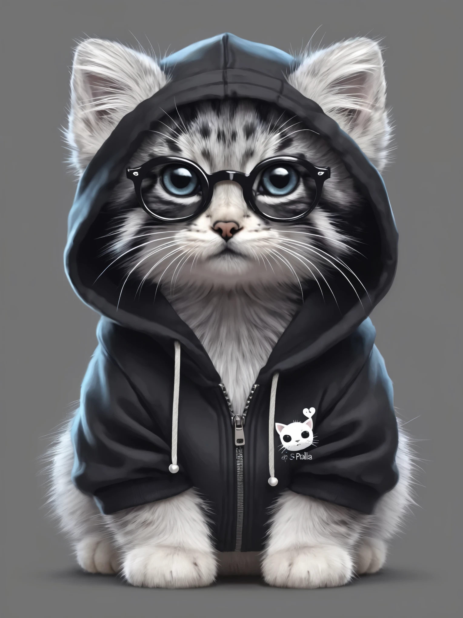  Full Painting , Cute and adorable cartoon s4s, the Pallas kitten is wearing a black hoodie and silver sunglasses., Fantasy,  dream-like , Surrealism,  Super cute ,  is trending in artstation  