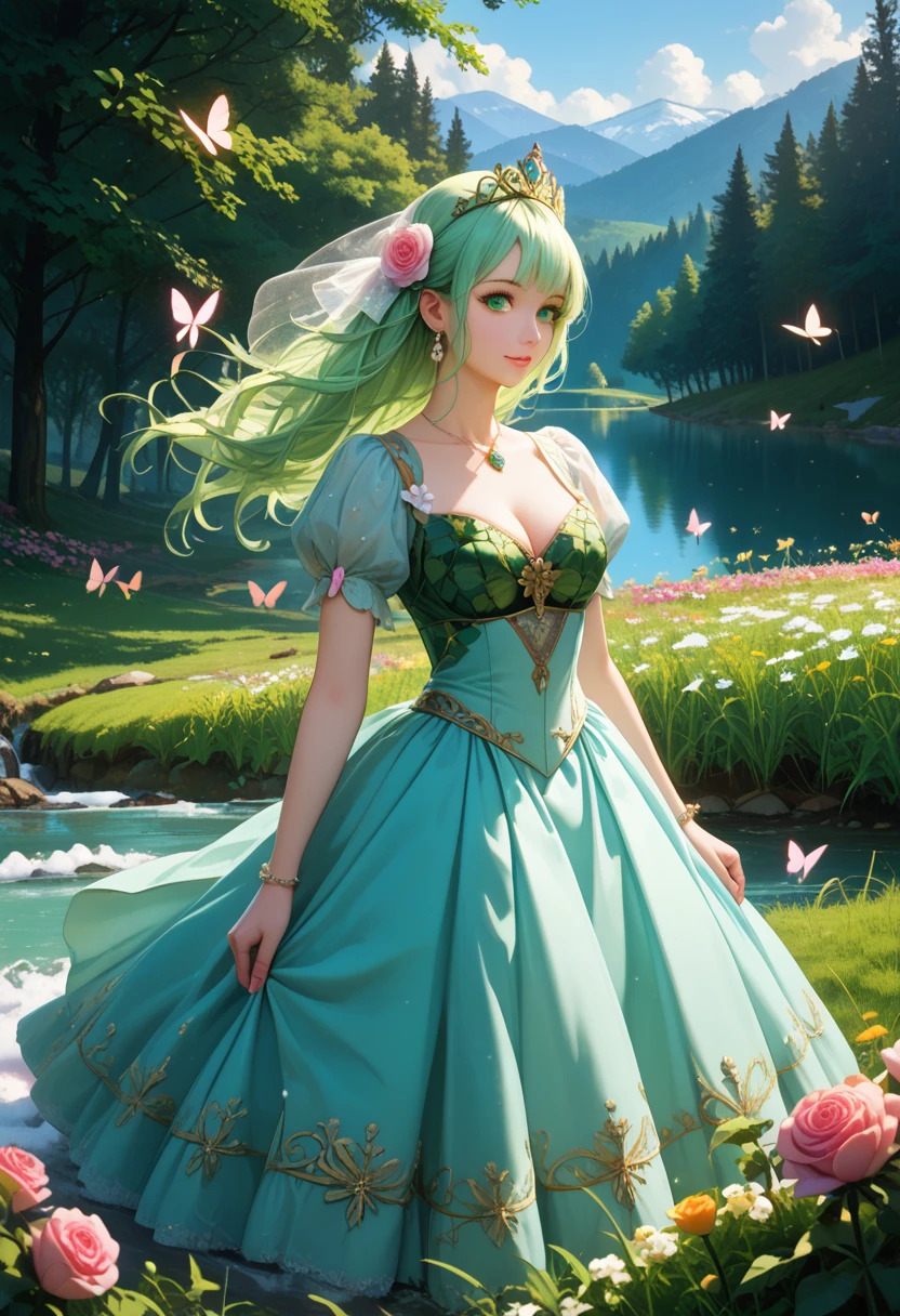  Anime Girl 29 years old ,  Snow-white Beautiful lush hair ,  Beautiful Bright Green Eyes ,  Intricate textured rose dress,  in her hair A beautiful tiara , bright colors, cinematic film still, score_9, score_8_up, score_7_up, masterpiece, (best quality :1.3), 8k,  Background A beautiful river ,  that flows through the Field of Flowers , bright details, Butterflies, Flower Cycle , 