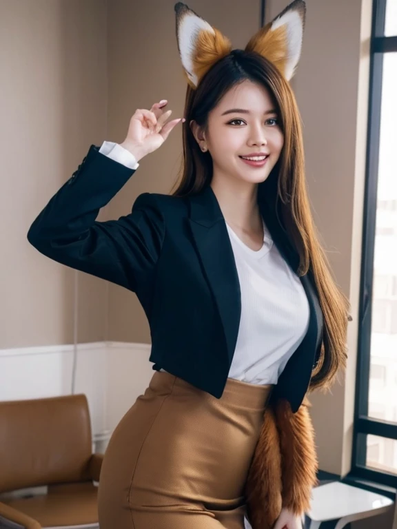 ((Best Quality, 8k)), ((masterpiece)), ( highest resolution ),  perfect face, Woman with fox ears, Woman with a tail, Beautiful woman, She's a businesswoman , It was taken in the company office, Only one tail, She has thick thighs, Her big fox tail, I can see her fox tail, She wags her tail, fur collar,  she's wearing a business suit,  big hips ,  her fox tail is sticking out, Her tail is fox-colored, smile