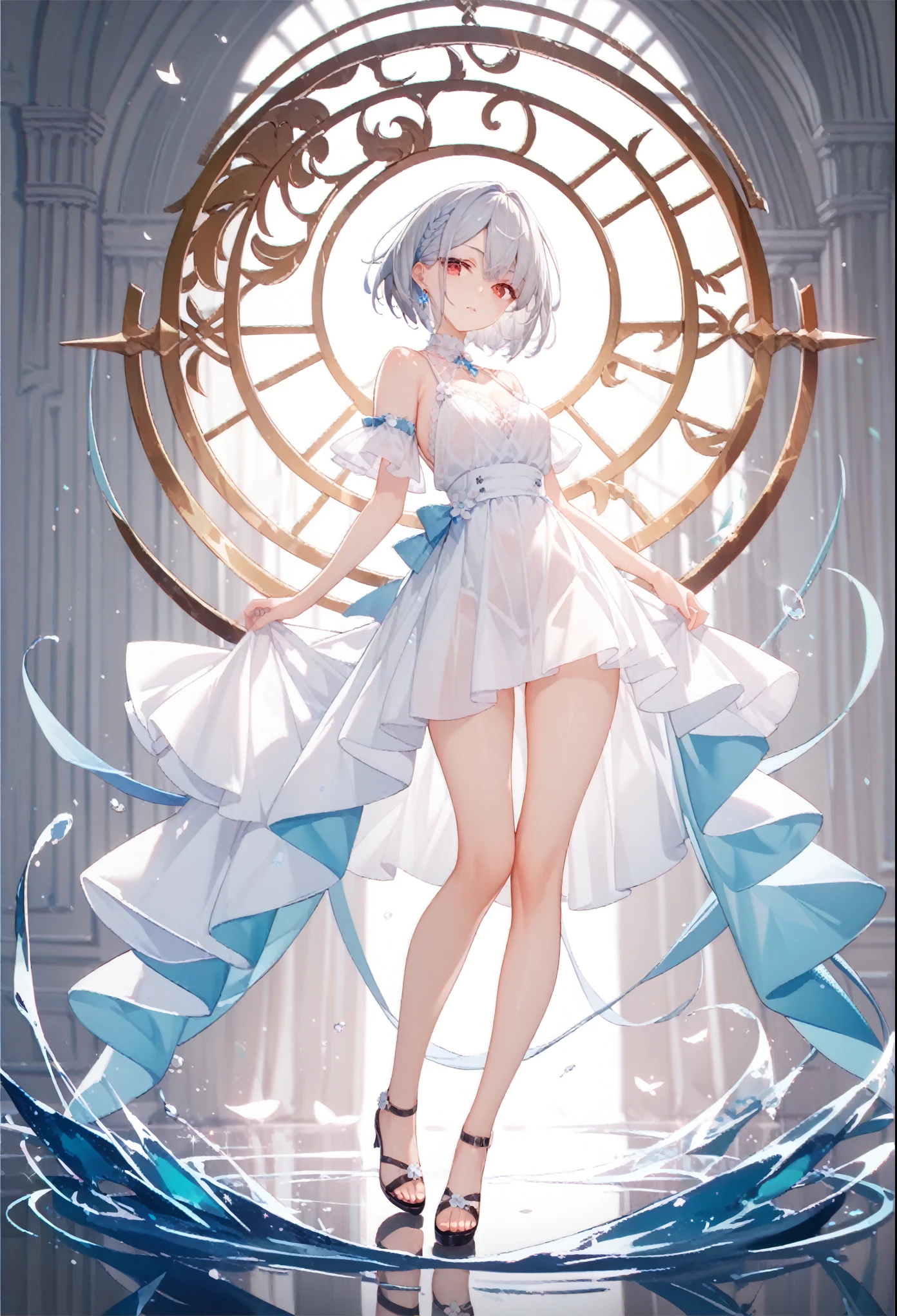 girl, light transparent dress, short dress, (shiny skin), long legs, bare feet, (((full body))), (small breasts, big hips), anatomically correct, short hair, blue hair, naughty face, highly detailed face, beautiful eyes, shining eyes, standing still, relaxed pose, picture from the upper view, top view, ((ultra 4k)), detailed picture, color background