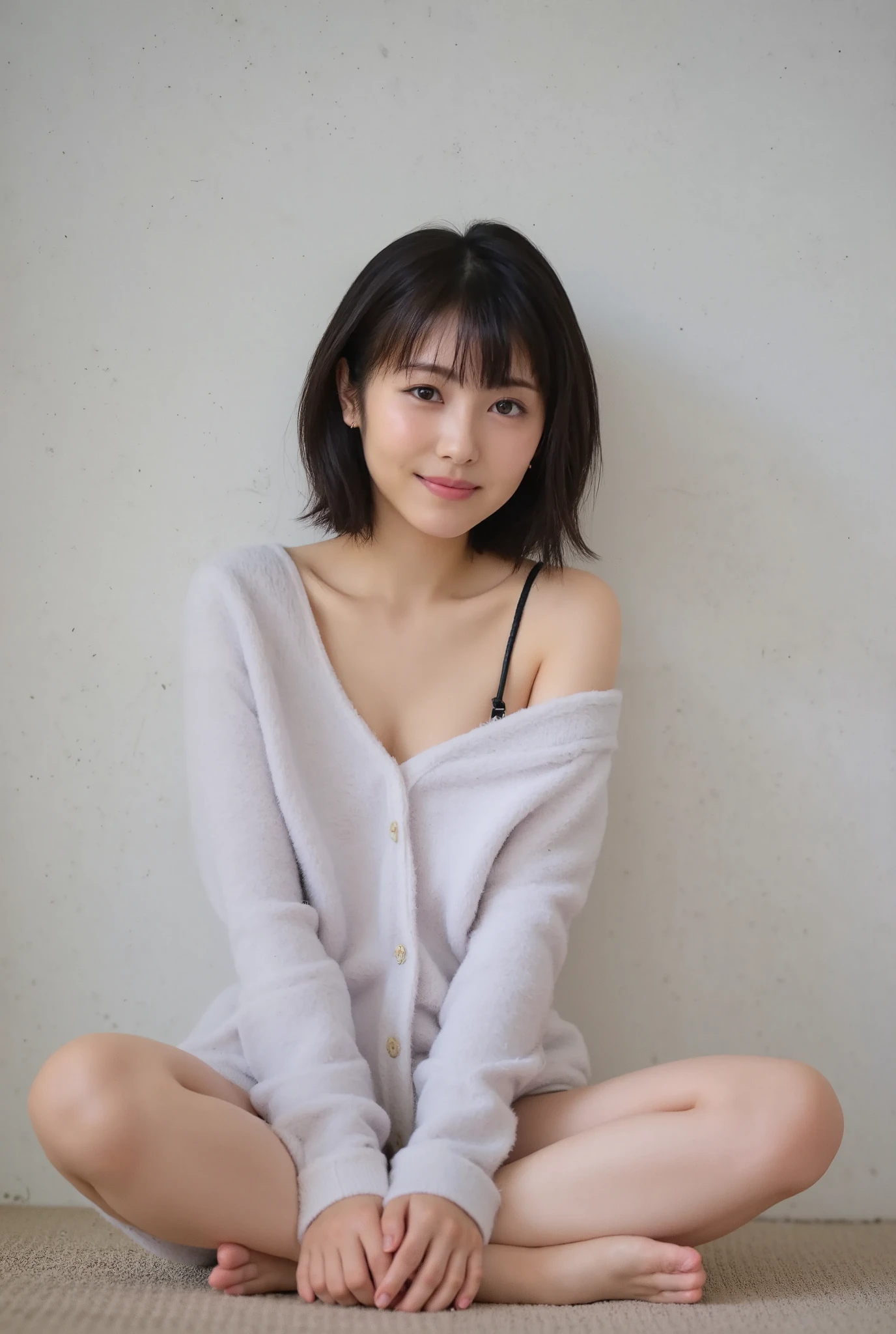 Full body shot from the front、Wear off-the-shoulder mini one-piece pajamas, bend your knees, spread your legs, take a cross-legged pose, and sit while looking at me, Slender bare legs 、smile、The background is a monotone 

