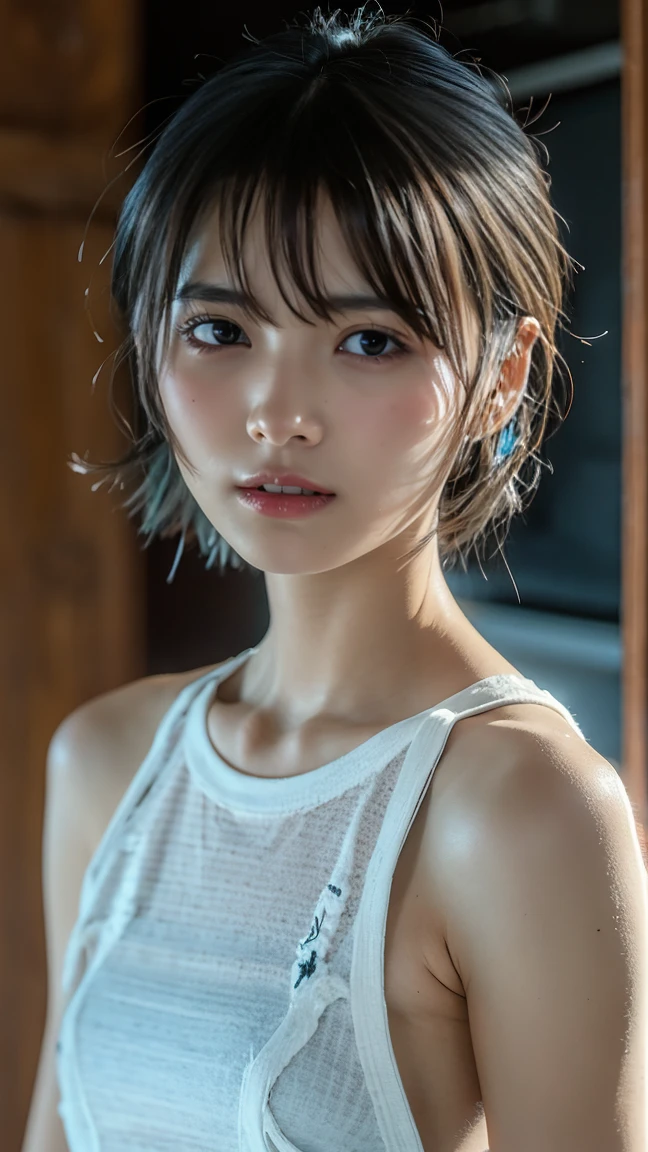 (A hyper-realistic), (illustratio), (hight resolution), (8K), (ighly detailed), (The best illustrations), (beatiful detailed eyes), (top-quality), (ultra-detailliert), (masterpiece), (wall-paper), (详细的脸), drooing eyes,full of sweat,Upper body close-up,Armpit,short-hair,inner colored,独奏,Girl in simple white tank top, japanes, Colossal tits, (camel's toe)、breasts are large、Spilling breasts