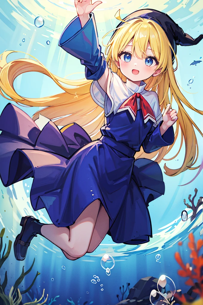 (8k,  super quality, masterpiece:1.2),  ultra high resolution,  imaginary, cute,  girl, solo, whole body, Puyo Puyo's witch, Blonde, Blue Eyes , blue headwear ,  blue based robe,  red ribbon,  White Capelet , Ahoge,  long skirt , In the sea, Underwater theme , Undersea exploration, fish, star, Floating,  like a , Bright smile,  innocent face ,  open your mouth, bubble,  full light, Looks fun, float, 