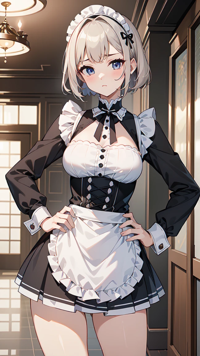 a anime girl in a maid outfit posing for a picture, short blonde hair, big bust, big breast, 3d anime poster, highly, fine detail anime, really large bust, thick neck, hd remastered, large bust, boobwindow