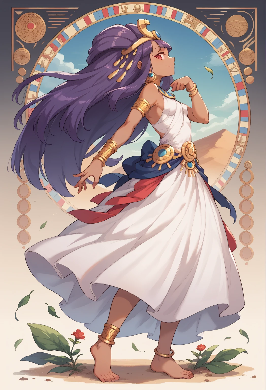 Best Quality, Masterpiece, ultra high resolution, iris \(pokemon\), purple hair, long hair, red eyes, dark skin, big hair,small breasts,  BREAK  1girl,solo,smile, feet pose,looking at viewer, edgCBC, dress, jewelry, flower, barefoot, , white dress, bracelet,  profile, leaf, (desert background), anklet, art nouveau ,wearing edgCBC_(egyptian clothes)