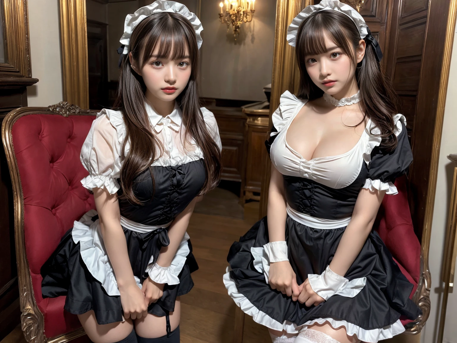 VIP Room,The maid kneels,The two girls smiled happily., Maid clothes,Reduce clothing,暴露Maid clothes,Pull up your skirt with both hands,loafers,lots of maids,Huge breasts,Narrow waist,faithful maid,Follow all,Very obedient,付出型性格和Likeable的个性,Obedient personality、Likeable,Absolute Obedience,Absolute Obedience,I'm ready to give it my all,Waiting for command