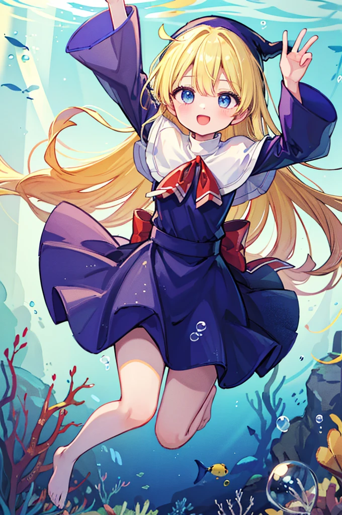 (8k,  super quality, masterpiece:1.2),  ultra high resolution,  imaginary, cute,  girl, solo, whole body, Puyo Puyo's witch, Blonde, Blue Eyes , blue headwear ,  blue based robe,  red ribbon,  White Capelet , Ahoge,  long skirt , In the sea, Underwater theme , Undersea exploration, fish, star, Floating,  like a , Bright smile,  innocent face ,  open your mouth, bubble,  full light, Looks fun, float, 