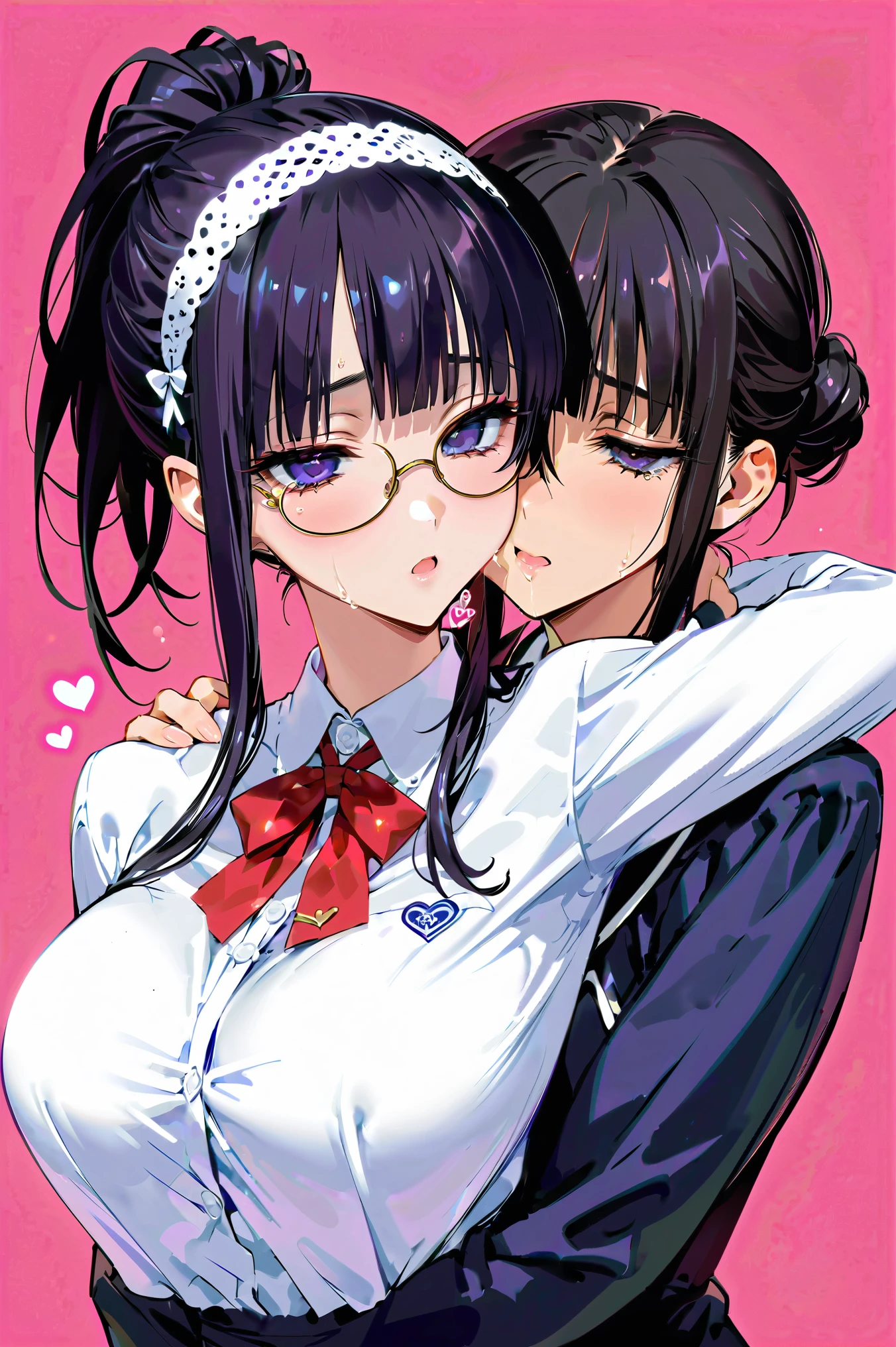 Two mature women hugging their shoulders and kissing, hair over eyes, detailed hairband, (( chignon hair))、Round Glasses, black hair, cowboy shot, large breasts、 THICK THIGS 、 simple background 、Heart mark, (tears、 drool 、Open your mouth、Expressionless、 Hollow Eyes:1.2)、(glistening skin), (oily skin), (shiny skin),(half closed eyes), Student Uniform