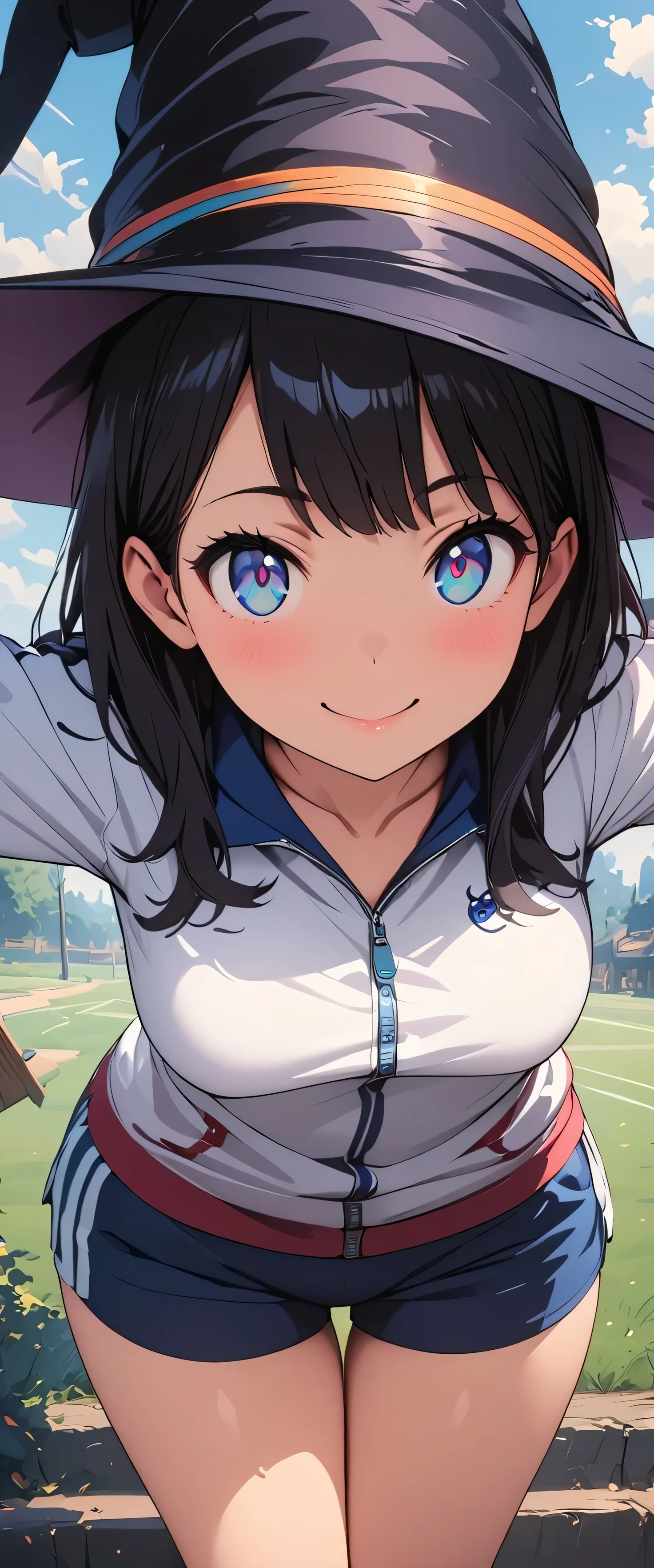 (((flying witch))),(beautiful girl:1.3),1girl,masterpiece,Highest quality,Ultra-high resolution,rich contrast,super high quality,8k,Highly detailed CG unit wallpaper,texture,Incredibly absurd,Ultra-high resolution,Highest quality anime,anime-style illustration,studio anime style,professional photograph,an extremely delicate and beautiful,RAW Photos,Depth of Field 1.2,ultra-detailed eyes,Glowing Skin,Beautiful glossy lips,(White Track Jacket＆Gym shorts),Takarada Rikka, blue eyes, black hair,curvy,(Thighs close up),Big magic hat, has bright eyes,happy smile,blue sky