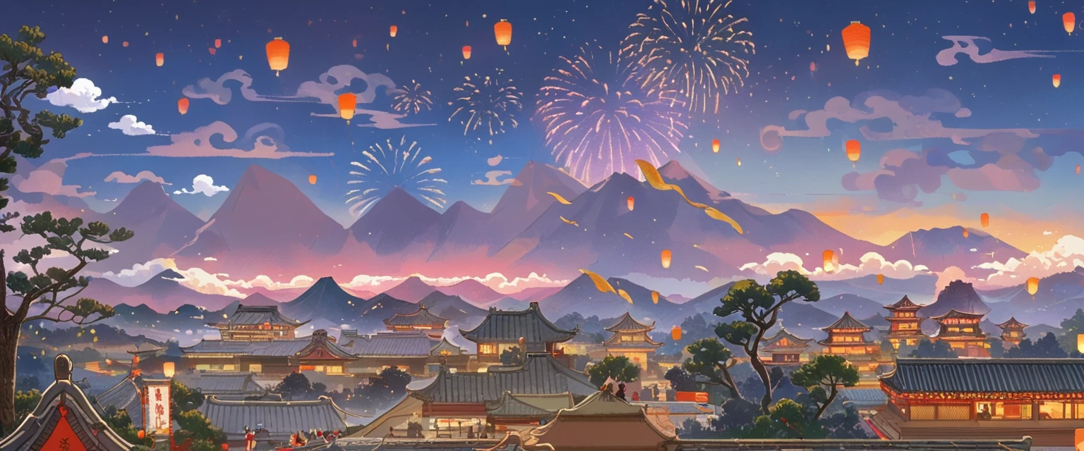 Chinese style， red background ，Depth of Field，Vision，Scene Graph，far away，Vision，Tree，Auspicious Clouds，Cirrus ，Original painting style， has no buildings，Distant Mountains，Clarity，HD， holiday atmosphere，Spring Festival，far away的灯笼和孔明灯，night，Season ，Sense of atmosphere，Ink，Ink，Horizontal screen，Thin and light，clean， blue purple sky ，fireworks，Big scene，The Great Tang Dynasty、阖家joy， no one，On the side of the angle ，bustling，, I only see the roof ，street，ground，far away的小孔明灯，松Tree，joy，Mountains and Rivers，red environment，Warm light