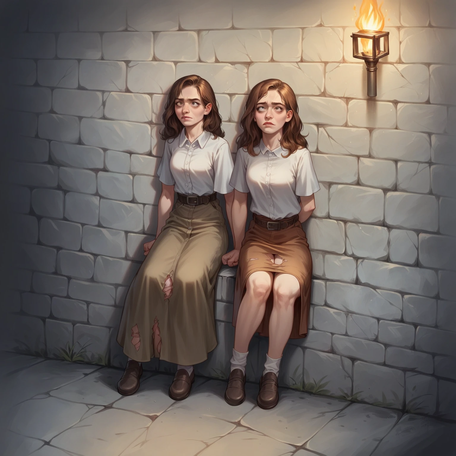 female sitting next to wall, prison, brown hair, white peasant shirt, wide leather belt, human face and body, make effort, dripping pussy, full-length, puzzled face, looks at down, commission for high res, medieval, tattered clothes, ripping clothes, nsfw not safe for work, gloomy, dramatic light, torch at wall, Digital Masterpiece In 4K Ultra HD, Extreme Detail And Intricate Realism, hyper realistic, film photography, soft focus, RAW photo, photorealistic, analog style, subsurface scattering, photorealism, absurd rec