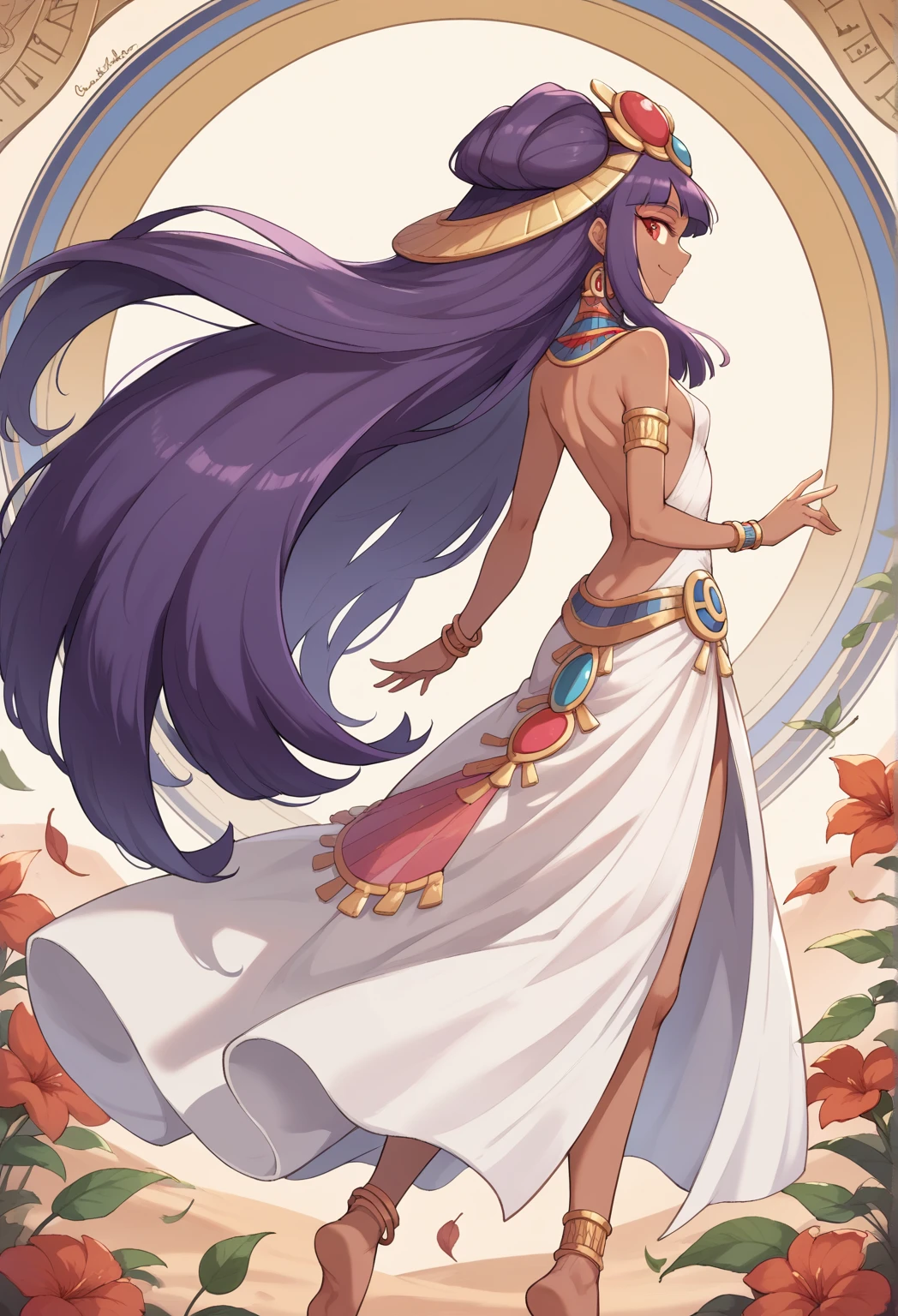 Best Quality, Masterpiece, ultra high resolution, iris \(pokemon\), purple hair, long hair, red eyes, dark skin, big hair,small breasts,  BREAK  1girl,solo,smile,sexy pose,looking back, edgCBC, dress, jewelry, flower, barefoot, bare back, white dress, bracelet,  profile, leaf, (desert background), anklet, art nouveau ,wearing edgCBC_(egyptian clothes)