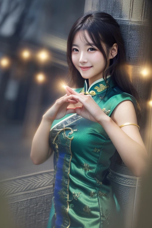 Photo-realistic quality、Japanese model posing for kung fu wearing a blue china dress、The background is a row of yellow ginkgo trees 、 looking at the camera、Rin々A good appearance、Detailed and beautiful eyes、Cute smile、 soft and gentle expression 